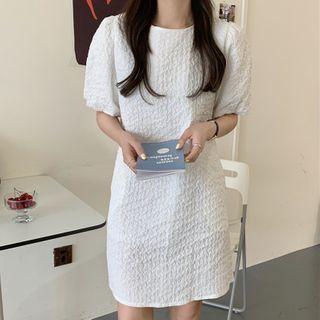 Pleated Short-sleeve A-line Dress White - One Size