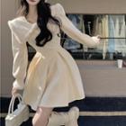 Long-sleeve Wide Collar Fluffy Trim A-line Dress