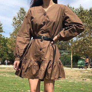 Long-sleeve V-neck Buttoned Minidress Dark Khaki - One Size