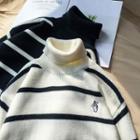 Embroidered Striped Turtle-neck Slim-fit Sweater
