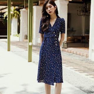 Short-sleeve V-neck Floral Print Dress