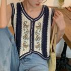 Embroidered Knit Vest Off-white & Navy Blue - One Size