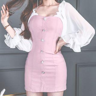 Bell-sleeve Chiffon Panel Mini Sheath Dress