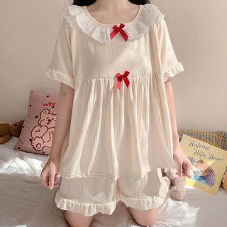 Loungewear Set : Bow Lace Trim Top + Shorts