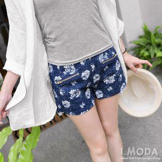 Denim Rose-print High-waist Shorts