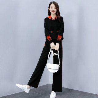 Set: Lettering Hoodie + Striped Cropped Wide-leg Pants