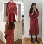 Flower Print Long-sleeve Midi A-line Dress Red - One Size