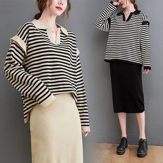 Set: Collared Striped Knit Top + Midi Pencil Skirt