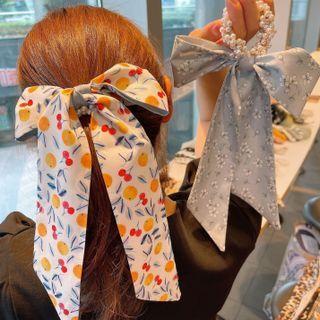 Print Ribbon Faux Pearl Hair Tie