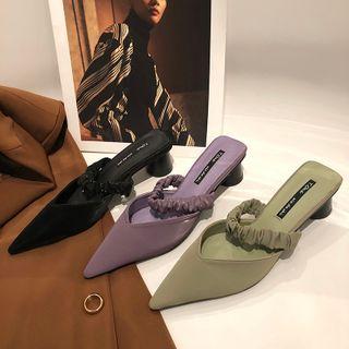 Pointy-toe Shirred Strap Block Heel Mules