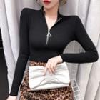 Mock Neck Long-sleeve Zipped Knit Top