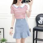 Set: Short-sleeve Knit Top + Ruffle Hem A-line Skirt