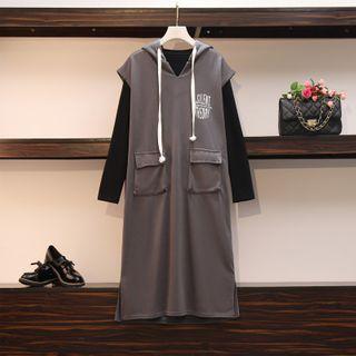 Set: Long-sleeve T-shirt + Lettering Sleeveless Hoodie Dress