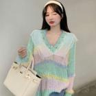 V-neck Rainbow Striped Sweater Sweater - Rainbow - One Size