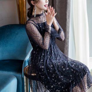 Mock-neck Mesh Long-sleeve Midi Dress