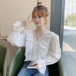 Long-sleeve Ruffled Lace Trim Blouse White - One Size