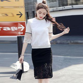 Set: Elbow-sleeve Paneled Top + Paneled Pencil-cut Skirt