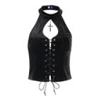 Halter-neck Cross Charm Lace-up Top