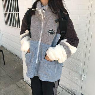 Logo Color Block Fleece Zip-up Jacket Grayish Blue - One Size