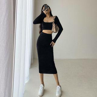 Set: U-neck Skinny Crop T-shirt + Midi Skirt In 6 Colors
