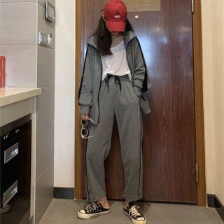 Set: Two Tone Zipped Jacket + Pants Set Of 2 - Gray - One Size