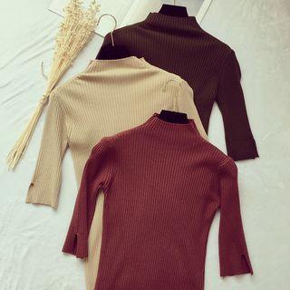 Plain Mock Neck Elbow Sleeve Knit Top