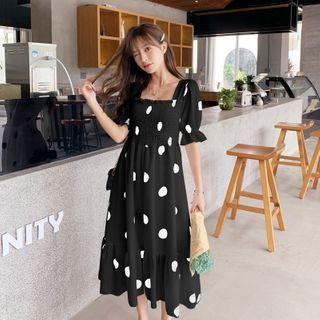 Square Collar Wave Point Off Back Chiffon Dress