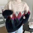 Argyle Mock-neck Sweater Almond & Blue - One Size