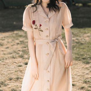 Puff-sleeve Floral Embroidered Midi Shirtdress