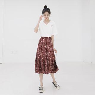 Set: Heart Short-sleeve T-shirt + Midi A-line Skirt