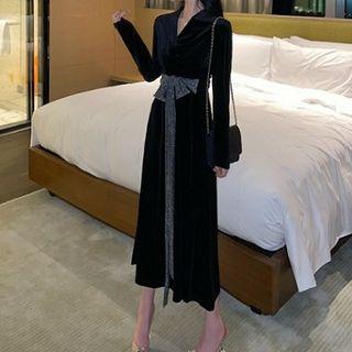 Color-block V-neck Slim-fit Velvet Long-sleeve Dress