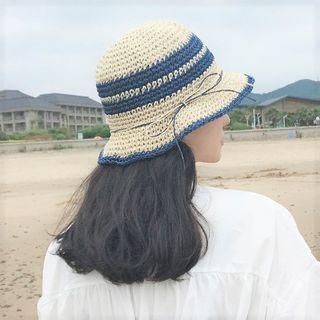 Woven Straw Hat Beige & Navy Blue - M