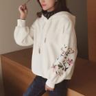 Mock Two-piece Striped Panel Flower Embroidered Hoodie