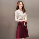 Set: Long-sleeve V-neck Blouse + A-line Skirt