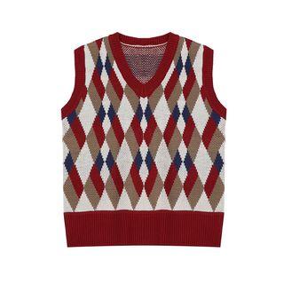 Patterned Knit Vest Red - One Size