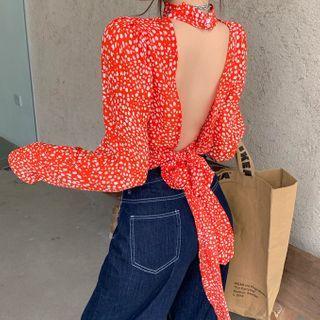 Long-sleeve Print Cutout Chiffon Blouse