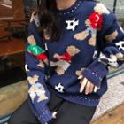 Bear Embroidered Sweater As Shown In Figure - One Size