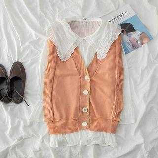 V-neck Button Vest / Long Sleeve Chiffon Blouse