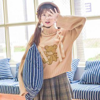 Bear Embroidered Turtleneck Sweater