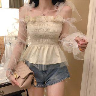 Mesh-panel Mock Two-piece Chiffon Top Almond - One Size