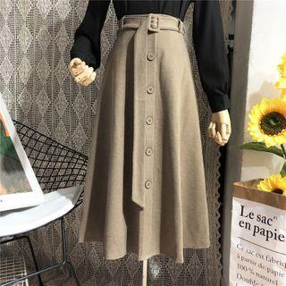 Buttoned Woolen Midi A-line Skirt
