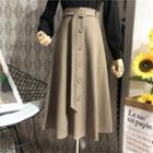 Buttoned Woolen Midi A-line Skirt