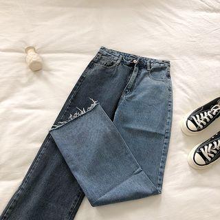Color-block Frayed High-waist Jeans