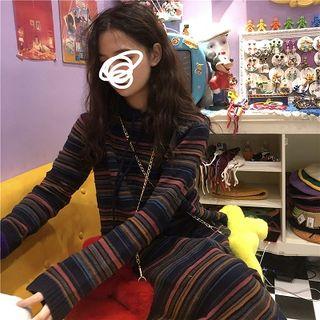 Color-block Striped Loose-fit Long-sleeve Hooded Dress As Shown In Figure - One Size