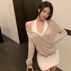 Long-sleeve Off-shoulder Top / Halter-neck Mini Bodycon Dress