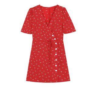 V-neck Tie-waist Floral Mini A-line Dress