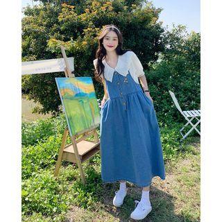 Short-sleeve Lace Trim Blouse / Denim Midi Overall Dress