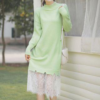 Lace Panel Long-sleeve Knit Dress Green - One Size
