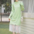 Lace Panel Long-sleeve Knit Dress Green - One Size