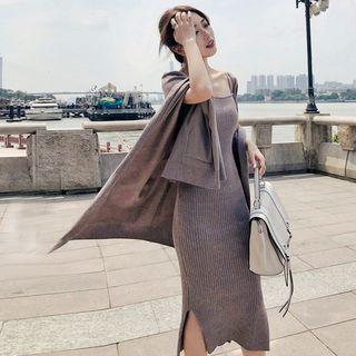 Set: Knitted Spaghetti Strap Dress + Knitted Cape